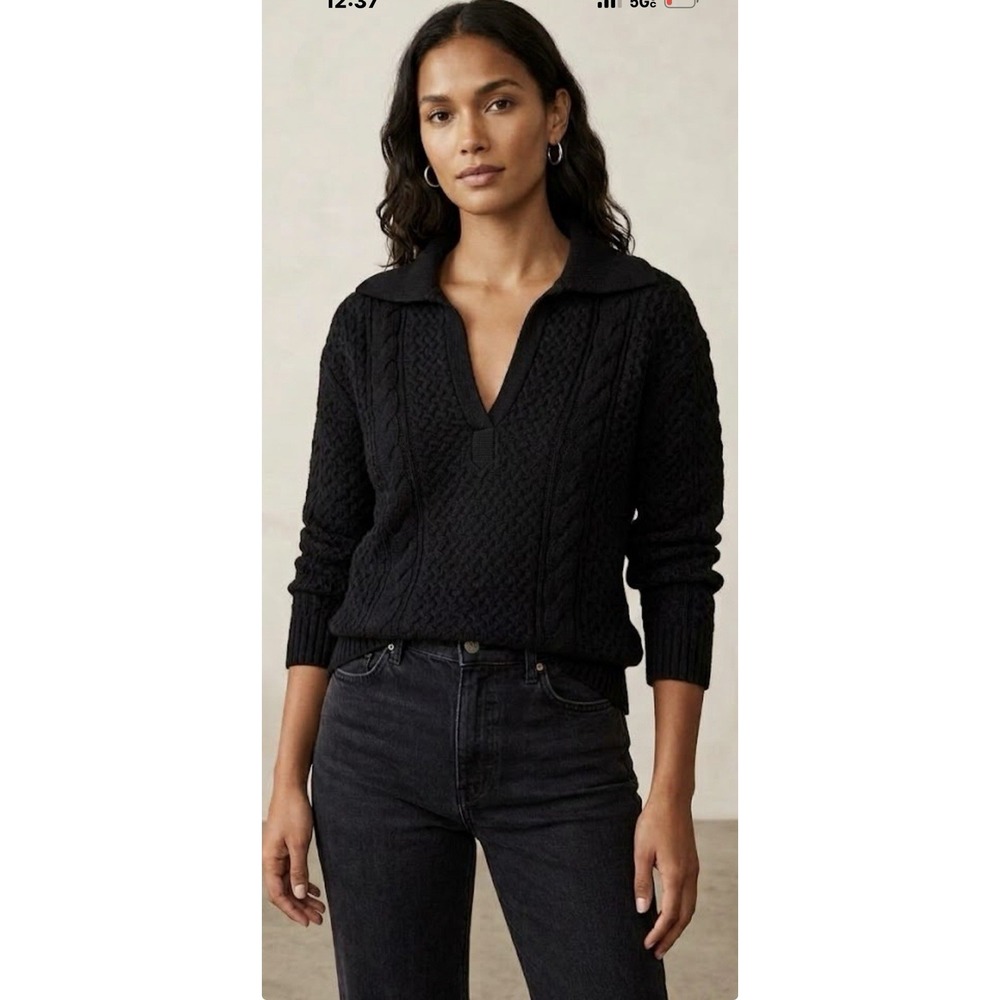 Jason Wu V Neck Collared Wool Sweater Size Small Black Cable Knit